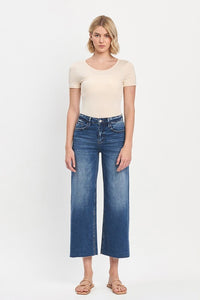 HIGH RISE RAW HEM CROP WIDE LEG JEANS