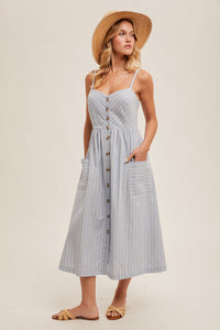LINEN BUTTON DOWN STRIPED MIDI DRESS