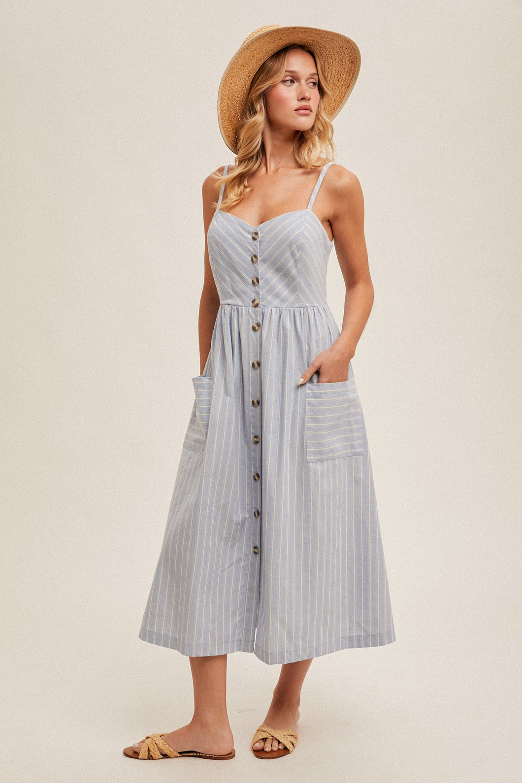 LINEN BUTTON DOWN STRIPED MIDI DRESS