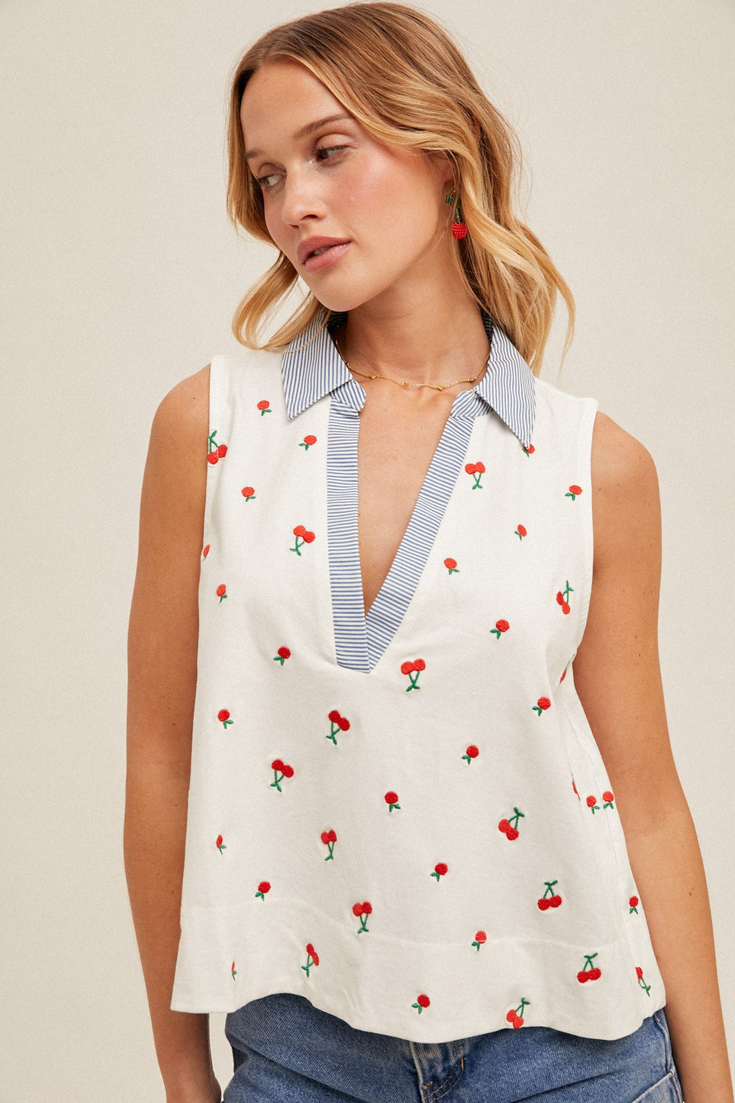 CHERRY EMBROIDERED COLLARED TANK