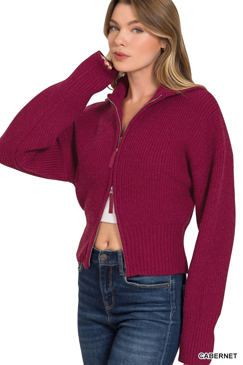 TWO WAY ZIP UP COLLARED SWEATER  // 3 COLORS