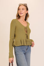 Load image into Gallery viewer, TIE FRONT RIBBED PEPLUM SWEATER
