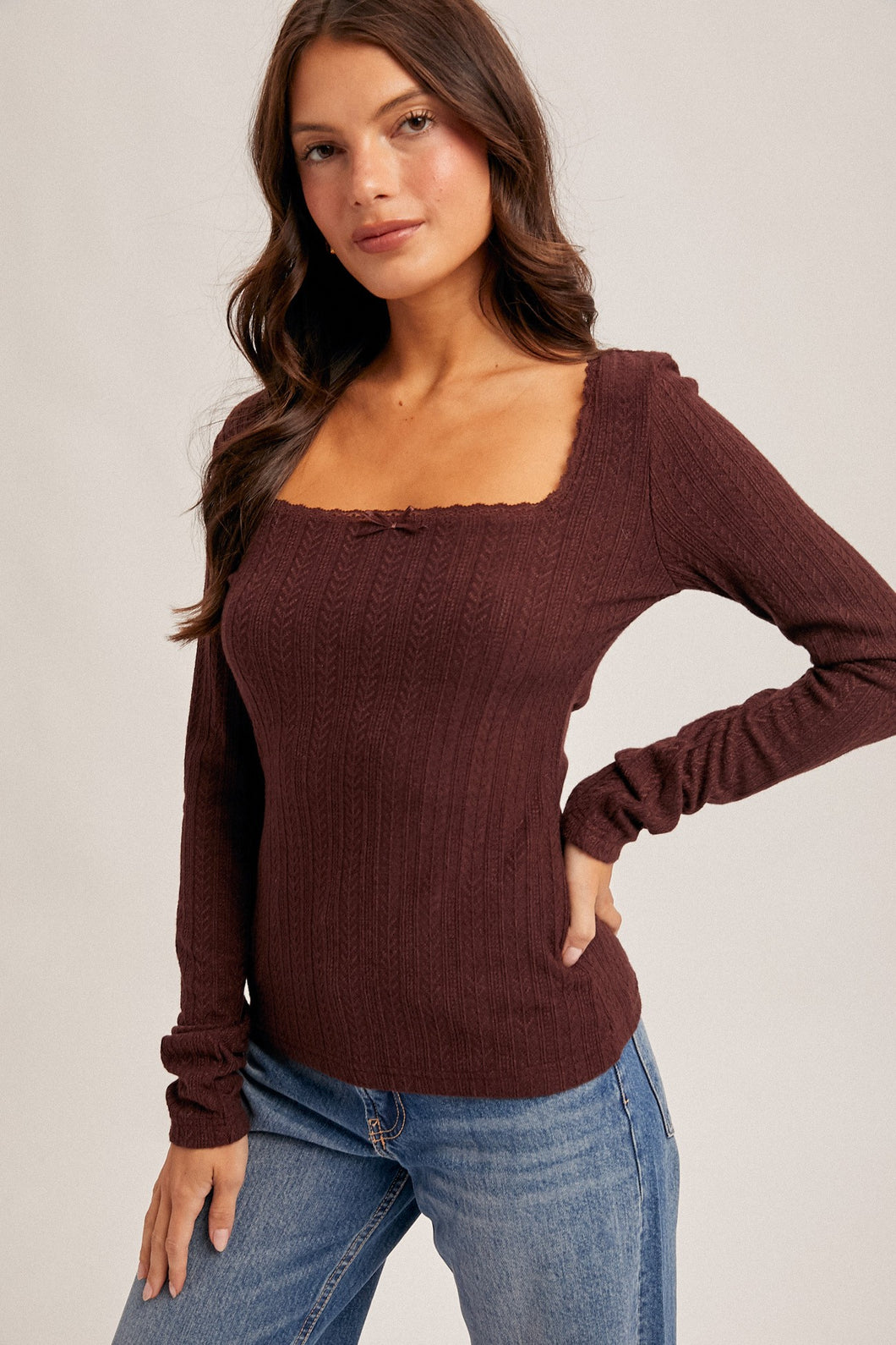 SQUARE NECK POINTELLE KNIT TOP