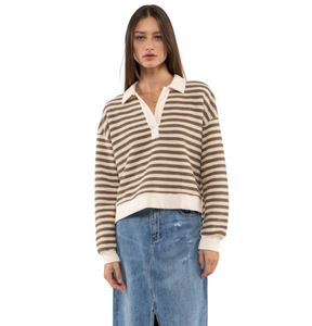 STRIPED DROP SLEEVE COLLARED KNIT