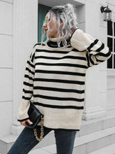 Load image into Gallery viewer, Striped Slit Turtleneck Drop Shoulder Sweater
