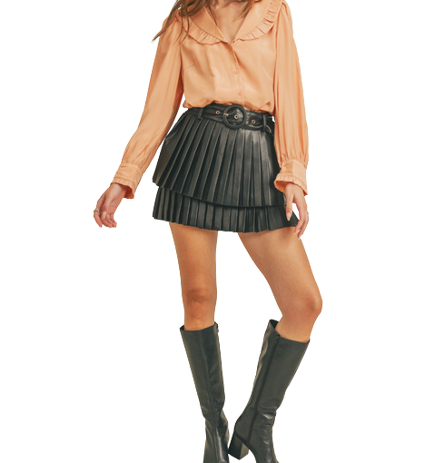 Black Faux Leather Pleated Mini Skirt